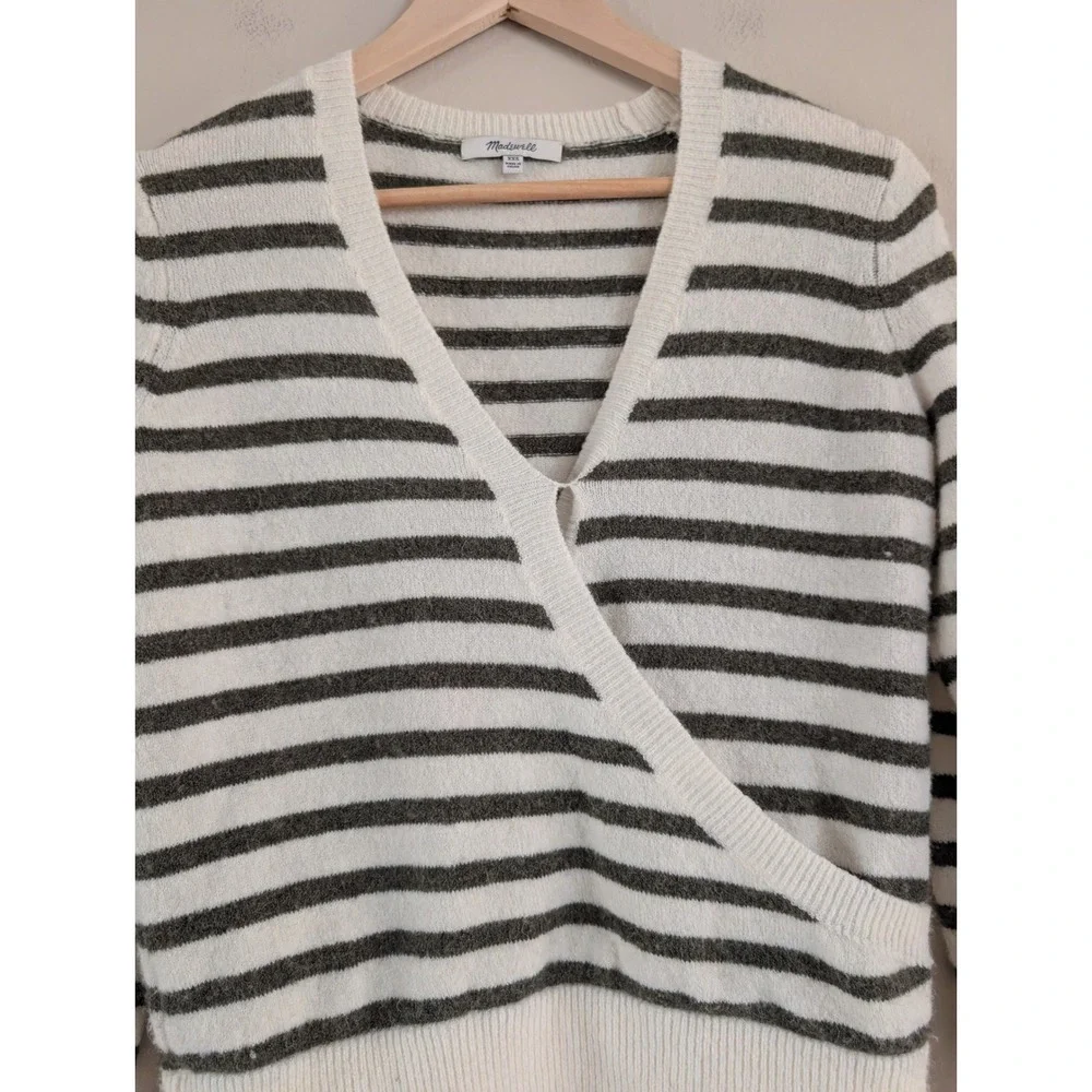 Madewell‎ Alpaca Striped Wrap Sweater XXS Cream Green Wool Blend V-Neck Preppy